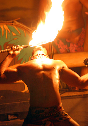 Exciting Fireknife Dancer at the Drums of the Pacific Luau in Lahaina, Hawaii