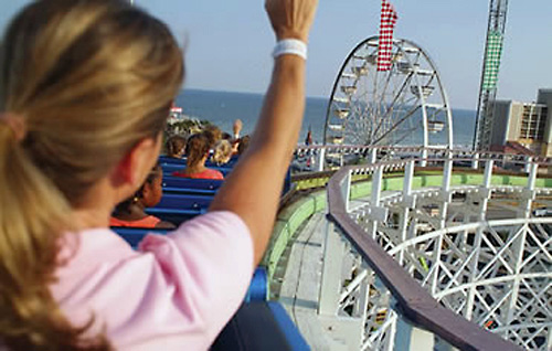 Passengers enjoy the view of Myrtle Beach while on the Swamp Fox Coaster ride.