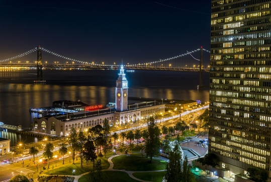 Ferry Building and Bay Bridge at night