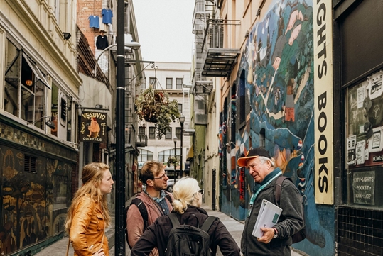 The tour group stopped in an alleyway on the San Francisco in a Day: Golden Gate Bridge, Chinatown, Fisherman's Wharf & Scenic Bay Cruise Tour in San Francisco, California, USA.