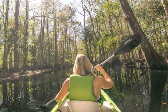 A woman paddling downstream on the tree lined Shingle Creek Kayak Adventure.