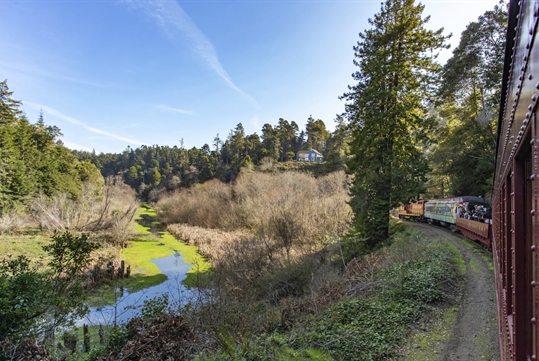 A valley with a creek and a train running through it and a bright blue sky with Skunk Train in San Francisco, California, USA.